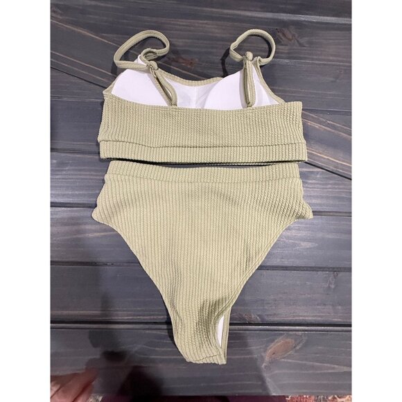 Ribbed Textured High-Waisted Bikini Set In Sage Green Medium Polyester & Elastan - Picture 3 of 4